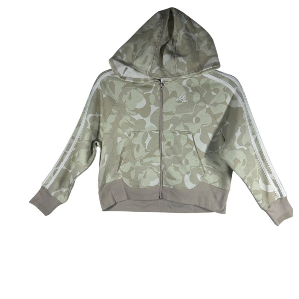 Adidas Camo Hoodie Girls Size Small Beige Loose Fit With White Stripes NEW